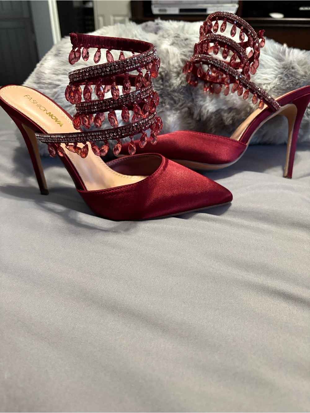 Burgundy heels with wrap around strap